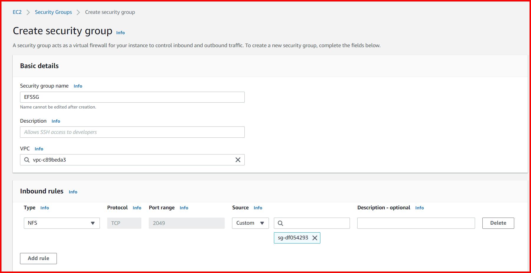 Picture showing the new security group created for EFS